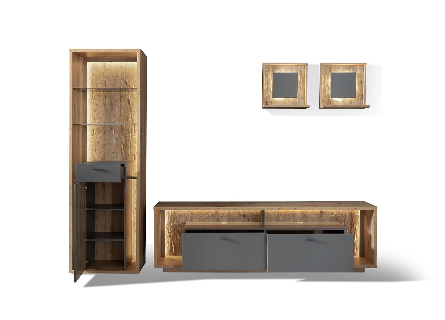 Meuble TV design gris et chêne poutre