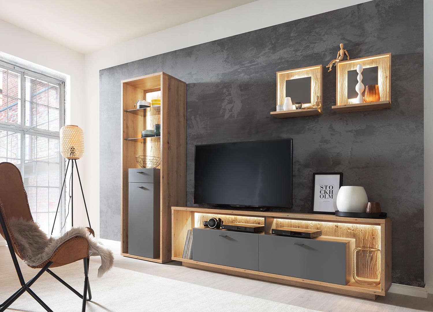 Meuble TV design gris et chêne poutre