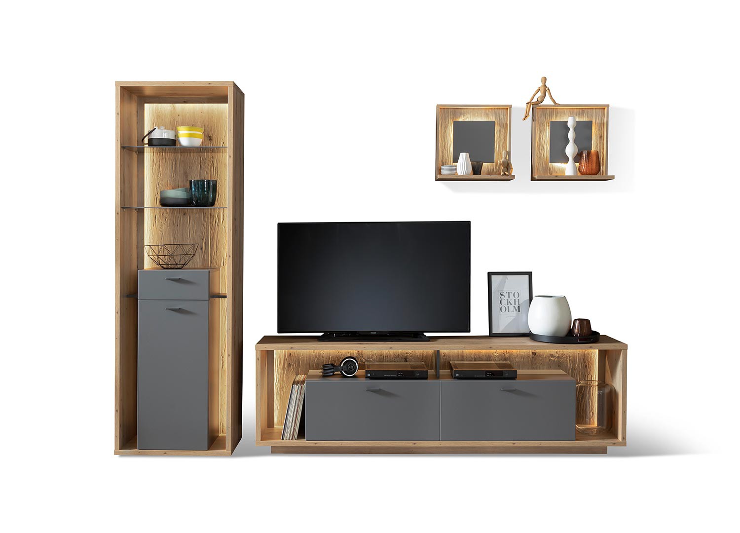 Meuble TV design gris et chêne poutre