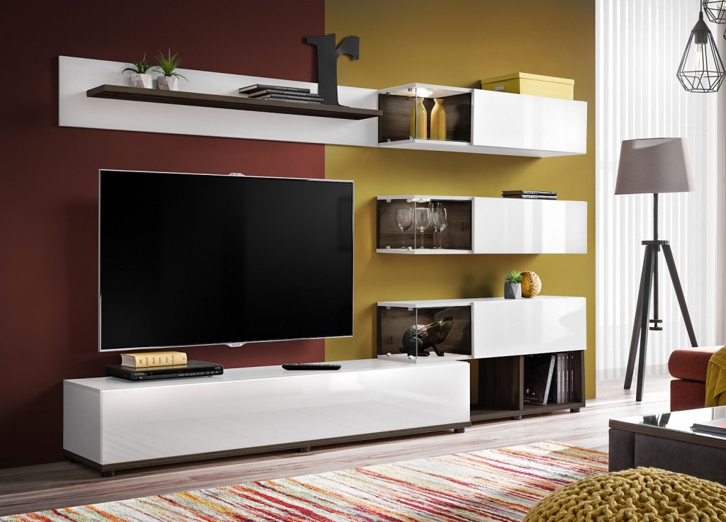 Meuble TV design mural blanc et marron foncé