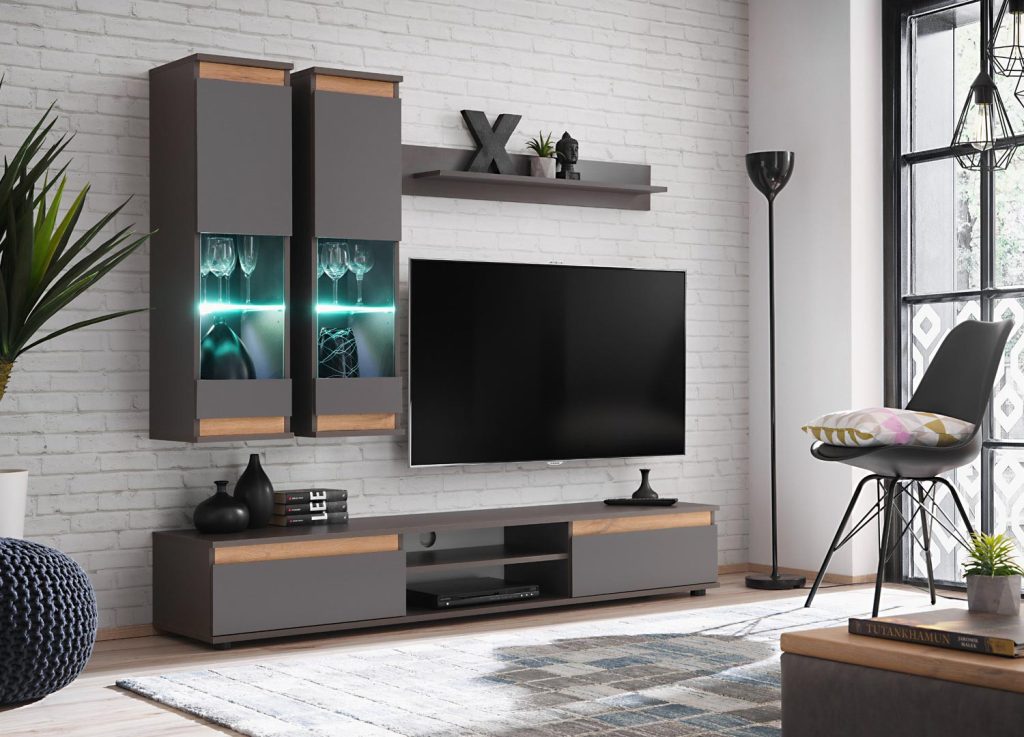 Meuble TV design mural gris anthracite à led