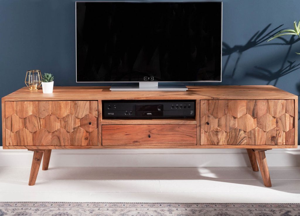 Meuble tv en bois massif d'acacia à motifs mosaïque 140 cm