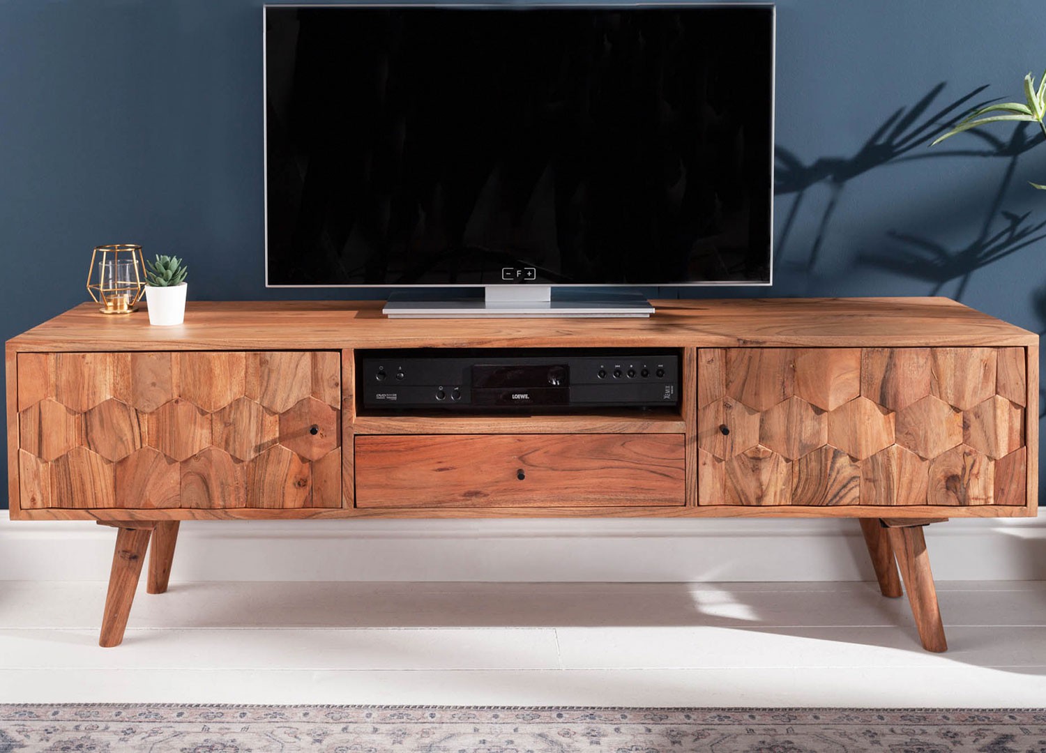 Meuble tv en bois massif d'acacia à motifs mosaïque 140 cm