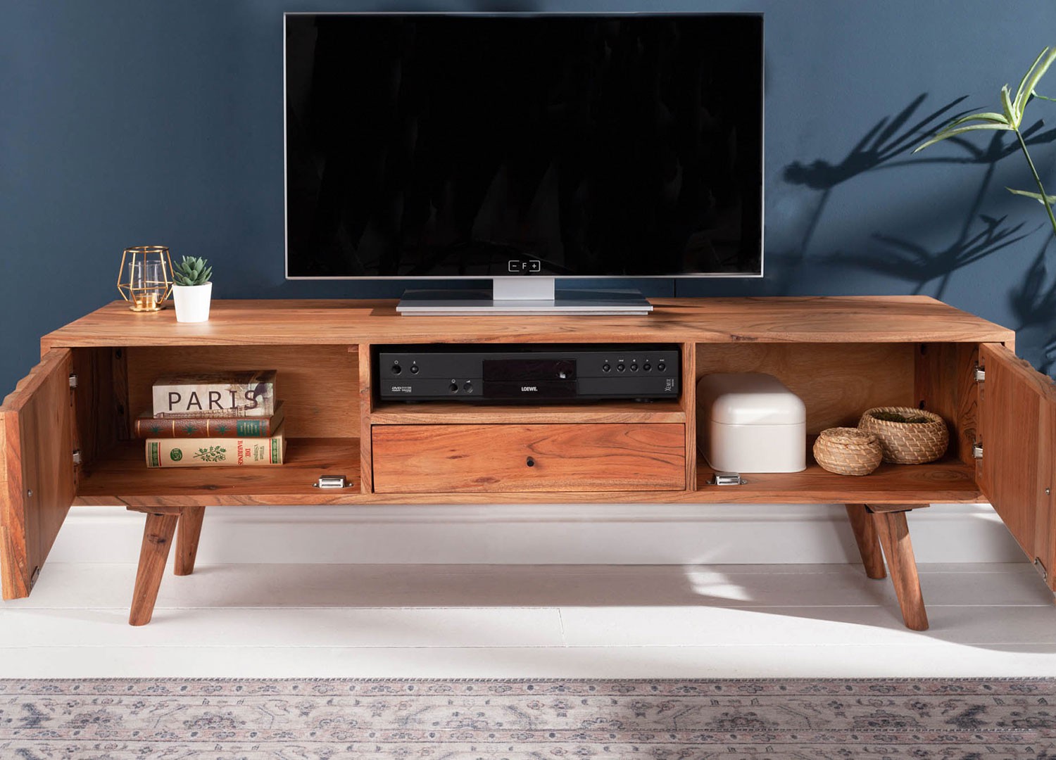 Meuble tv en bois massif d'acacia à motifs mosaïque 140 cm