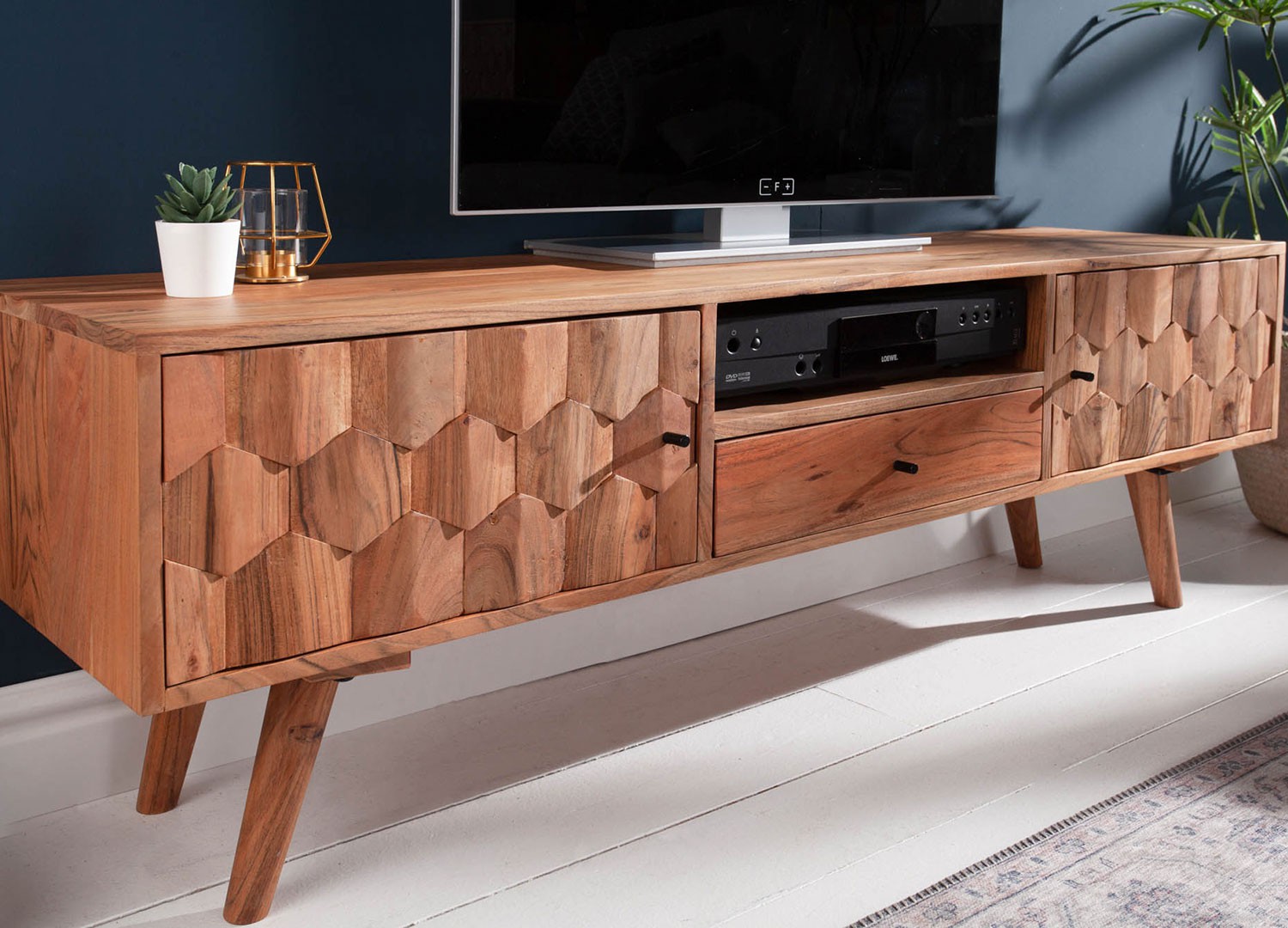 Meuble tv en bois massif d'acacia à motifs mosaïque 140 cm