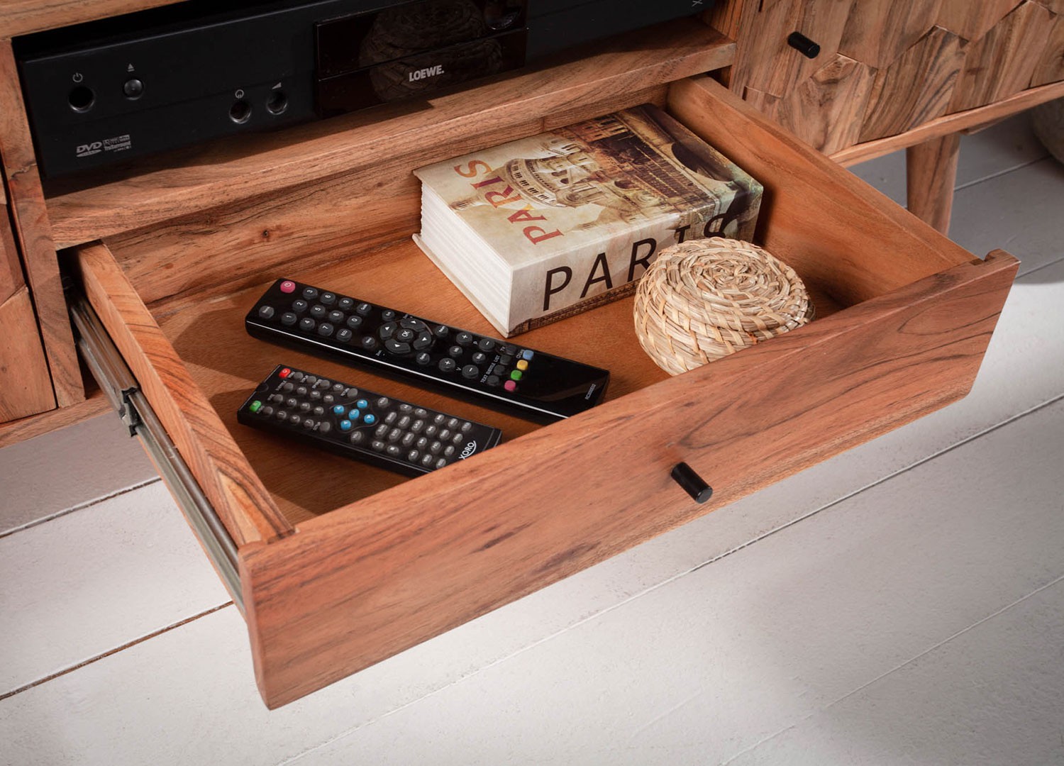 Meuble tv en bois massif d'acacia à motifs mosaïque 140 cm
