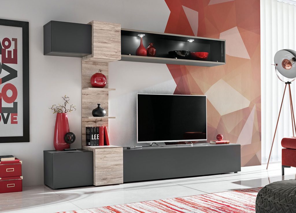 Meuble tv gris anthracite et bois à led