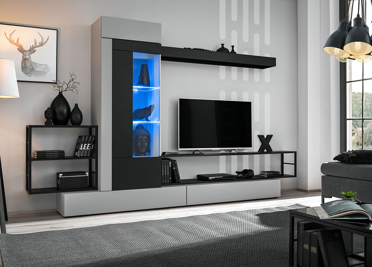 Meuble tv gris et noir 3m à led