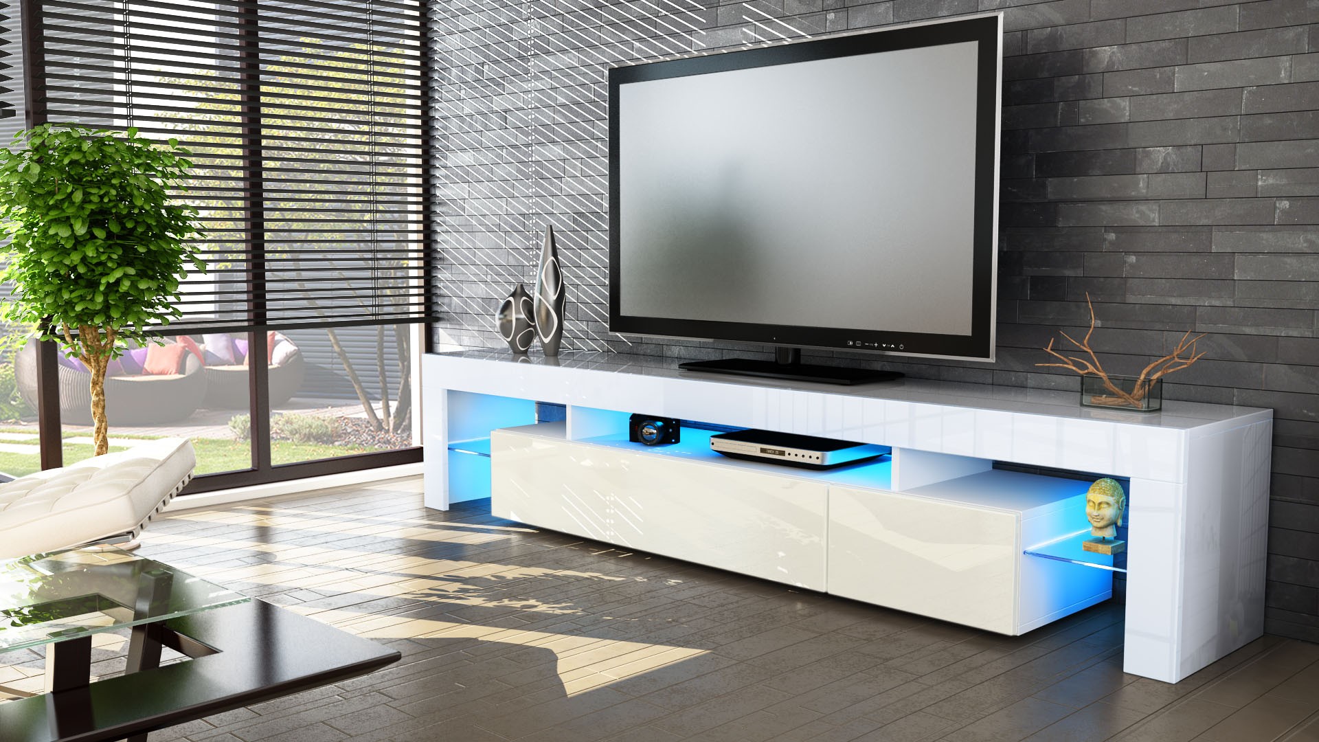 Meuble TV hi-fi design blanc 189 cm