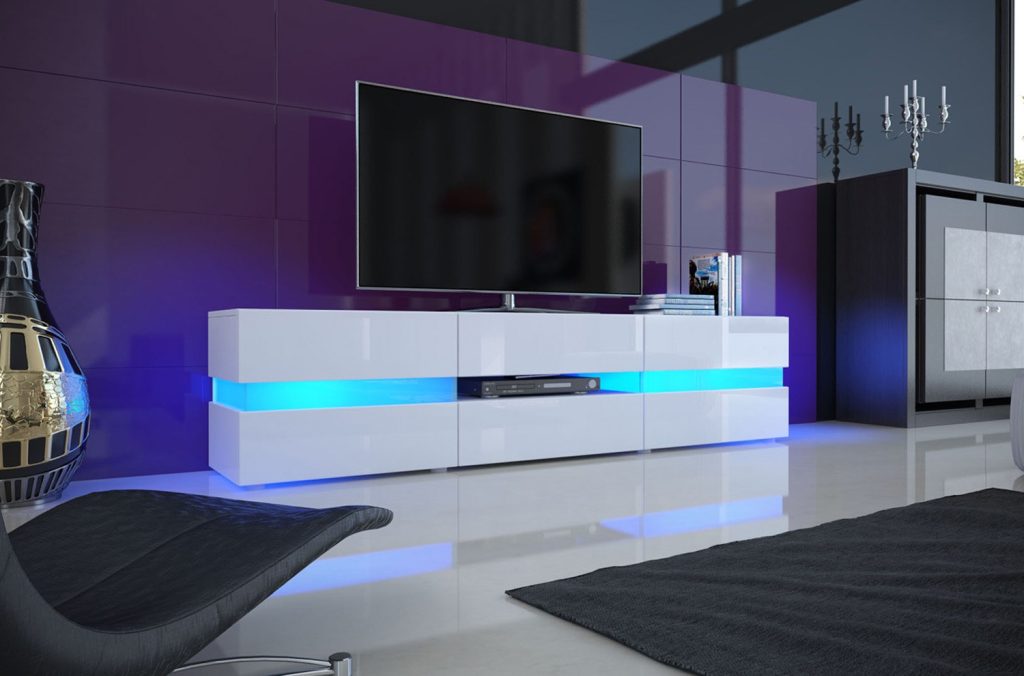 Meuble TV hifi lumineux laqué blanc 3 portes 1 tiroir