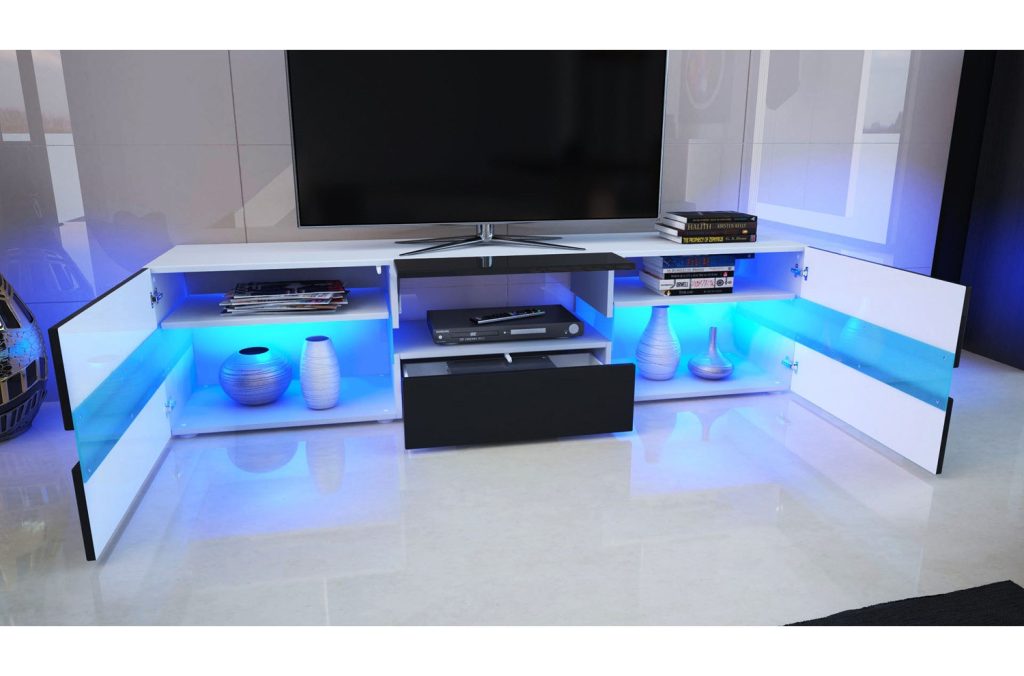 Meuble TV hifi lumineux laqué blanc 3 portes 1 tiroir