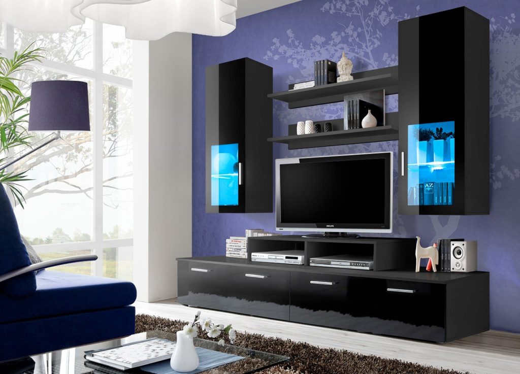 Meuble TV Led Noir Laqué