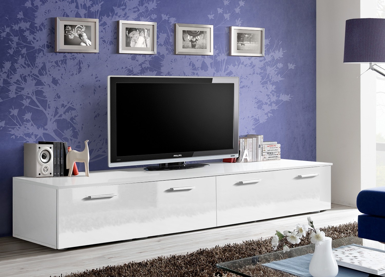Meuble TV Long Blanc Laqué