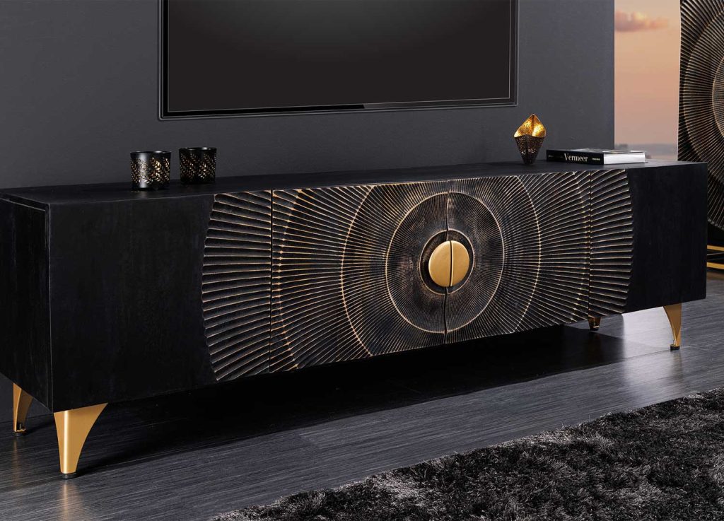 Meuble tv manguier noir et détails dorés 180 cm