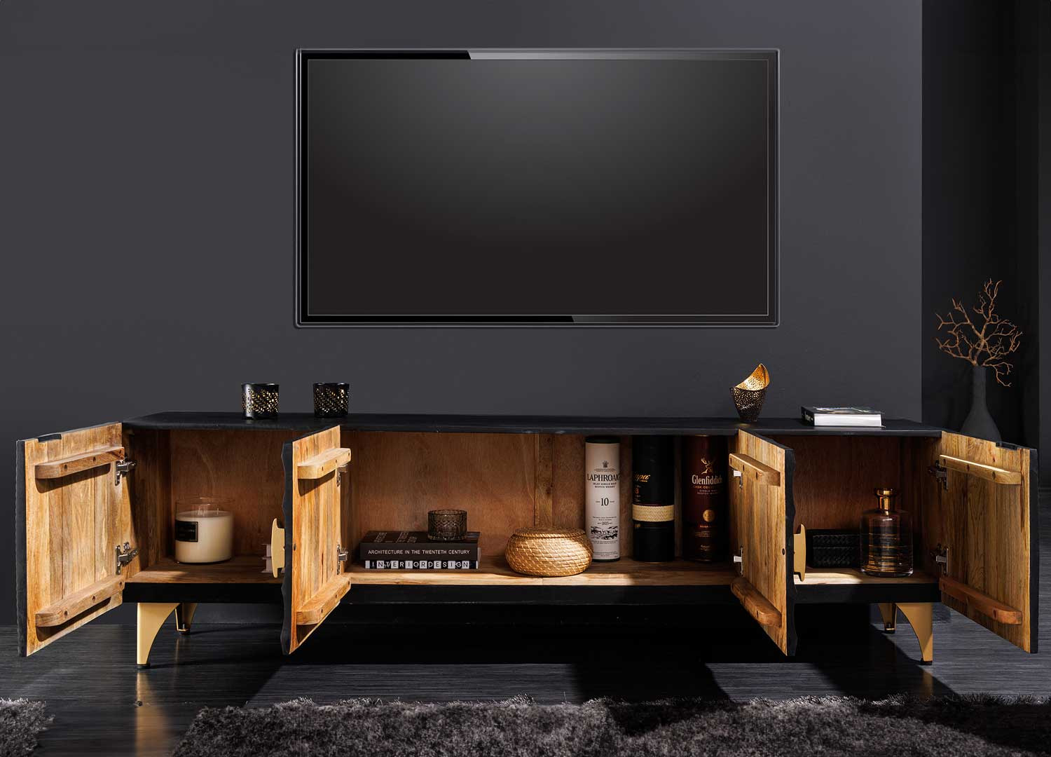 Meuble tv manguier noir et détails dorés 180 cm