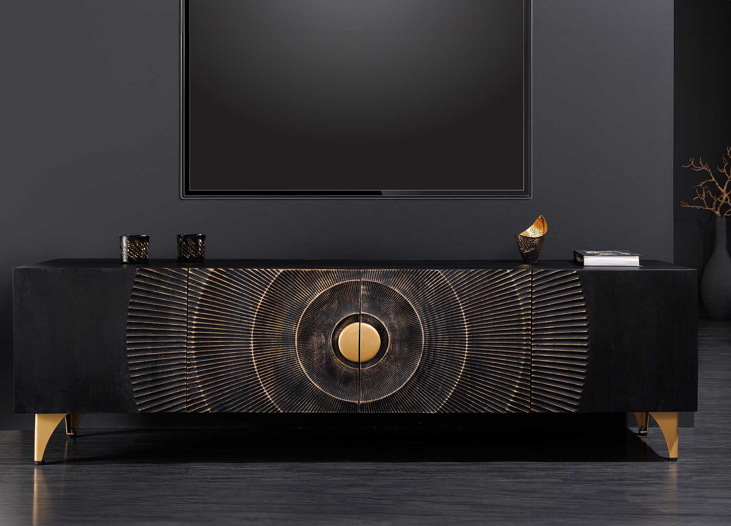 Meuble tv manguier noir et détails dorés 180 cm
