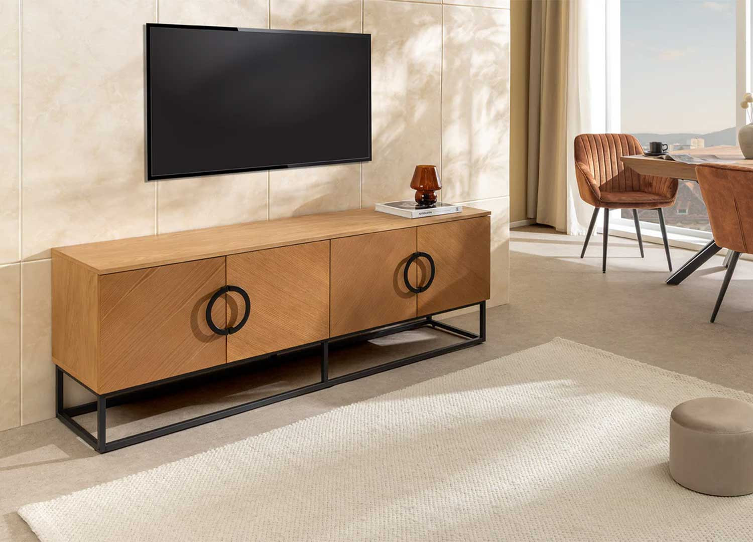 Meuble TV moderne 180 cm aspect chêne Irma