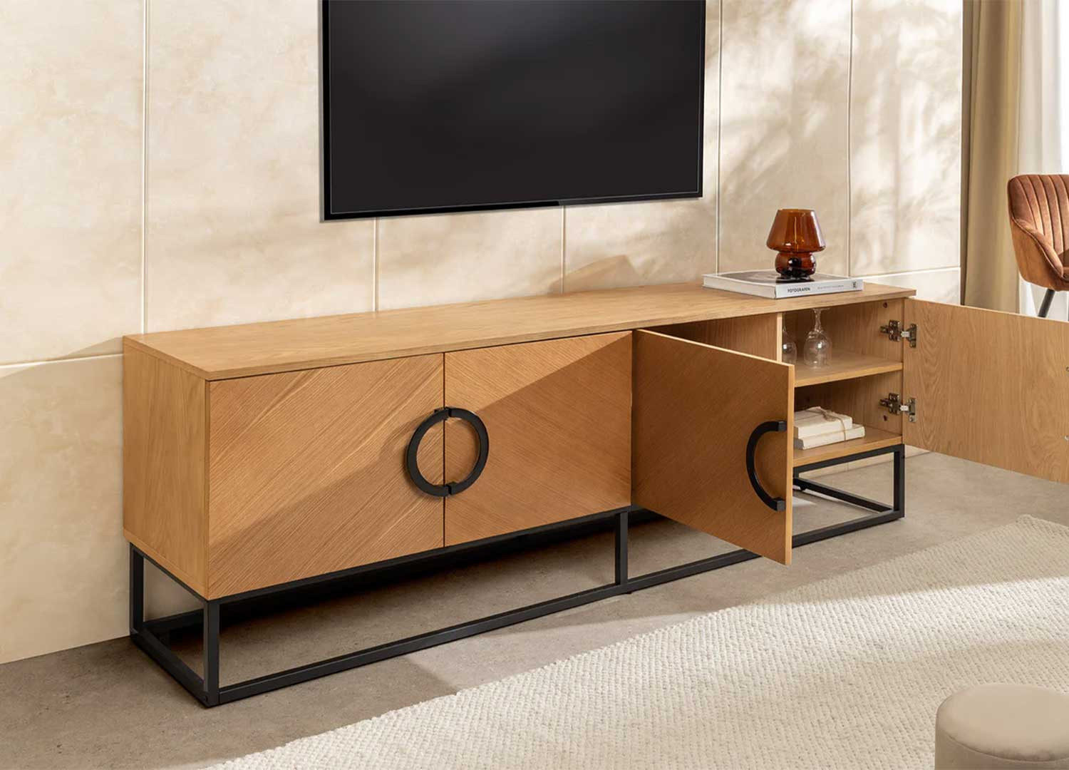 Meuble TV moderne 180 cm aspect chêne Irma