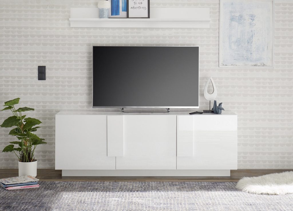 Meuble TV moderne 3 portes blanc laqué 181 cm