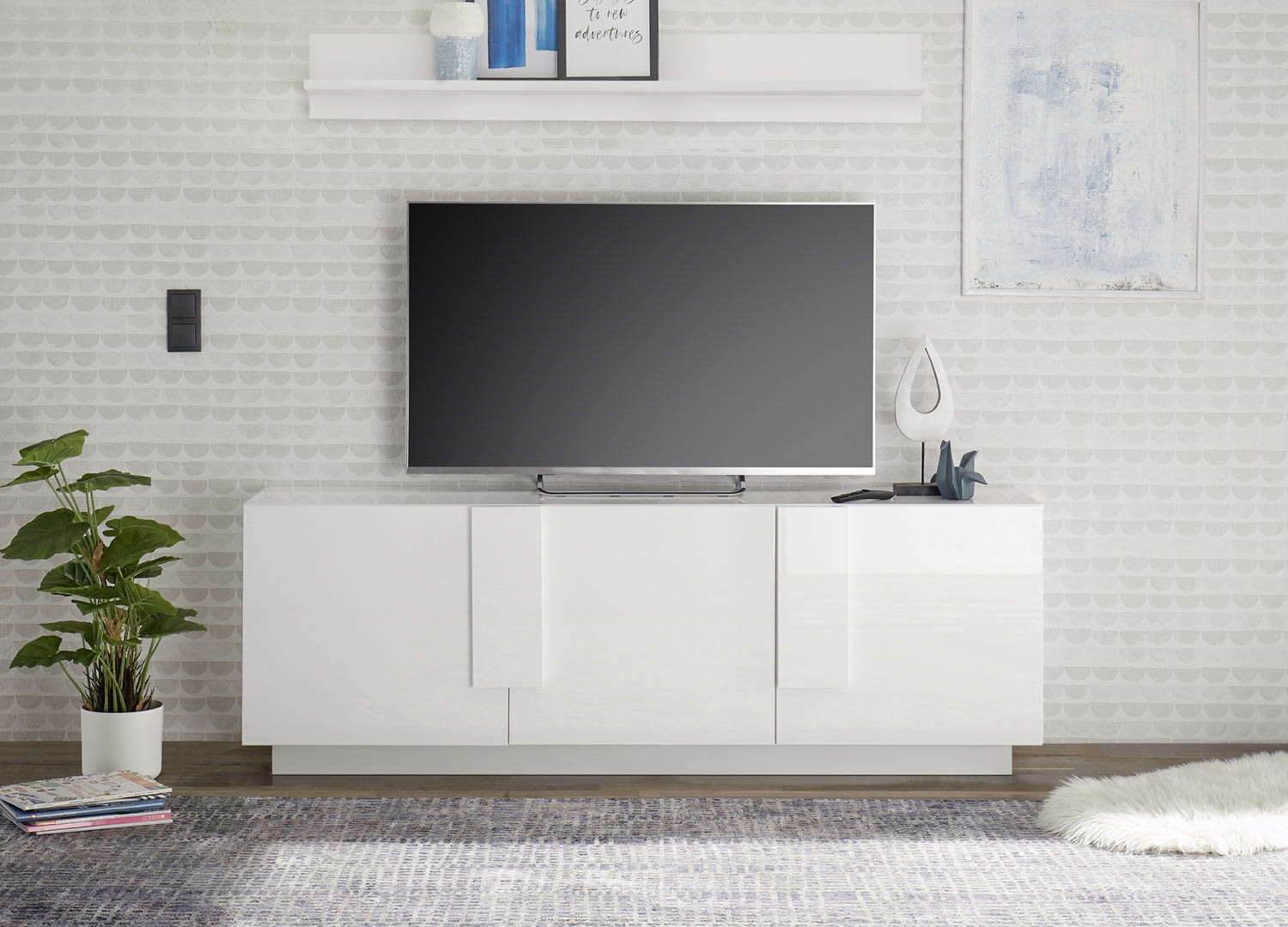 Meuble TV moderne 3 portes blanc laqué 181 cm