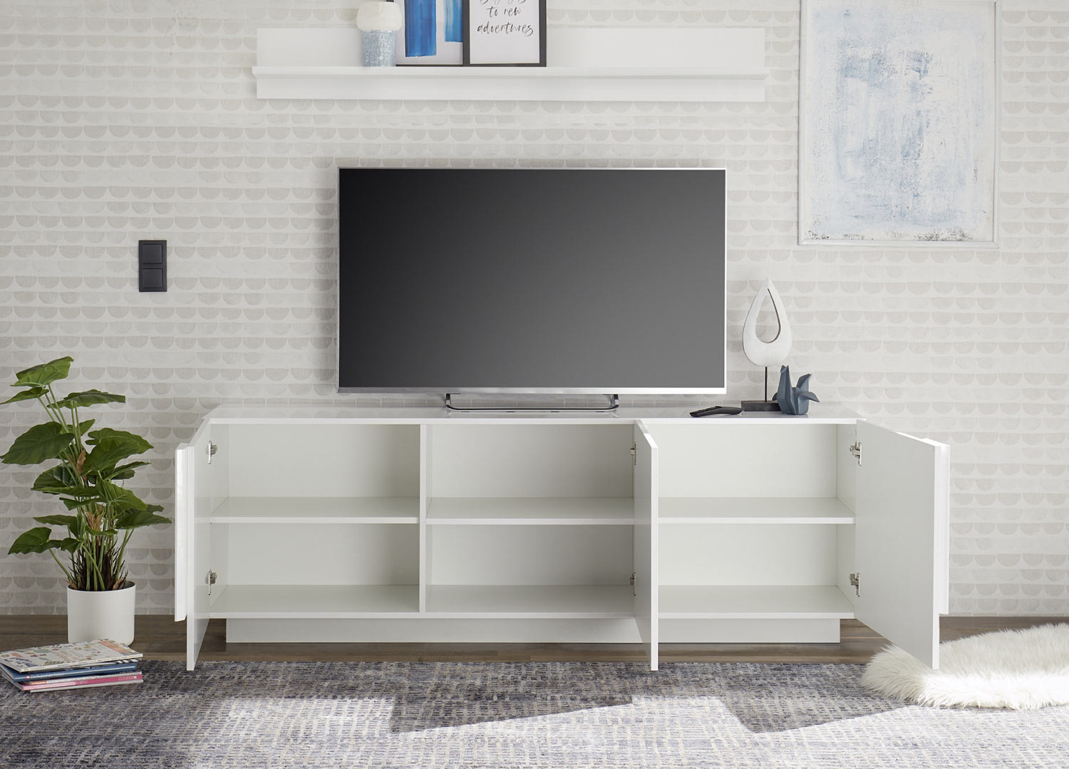Meuble TV moderne 3 portes blanc laqué 181 cm