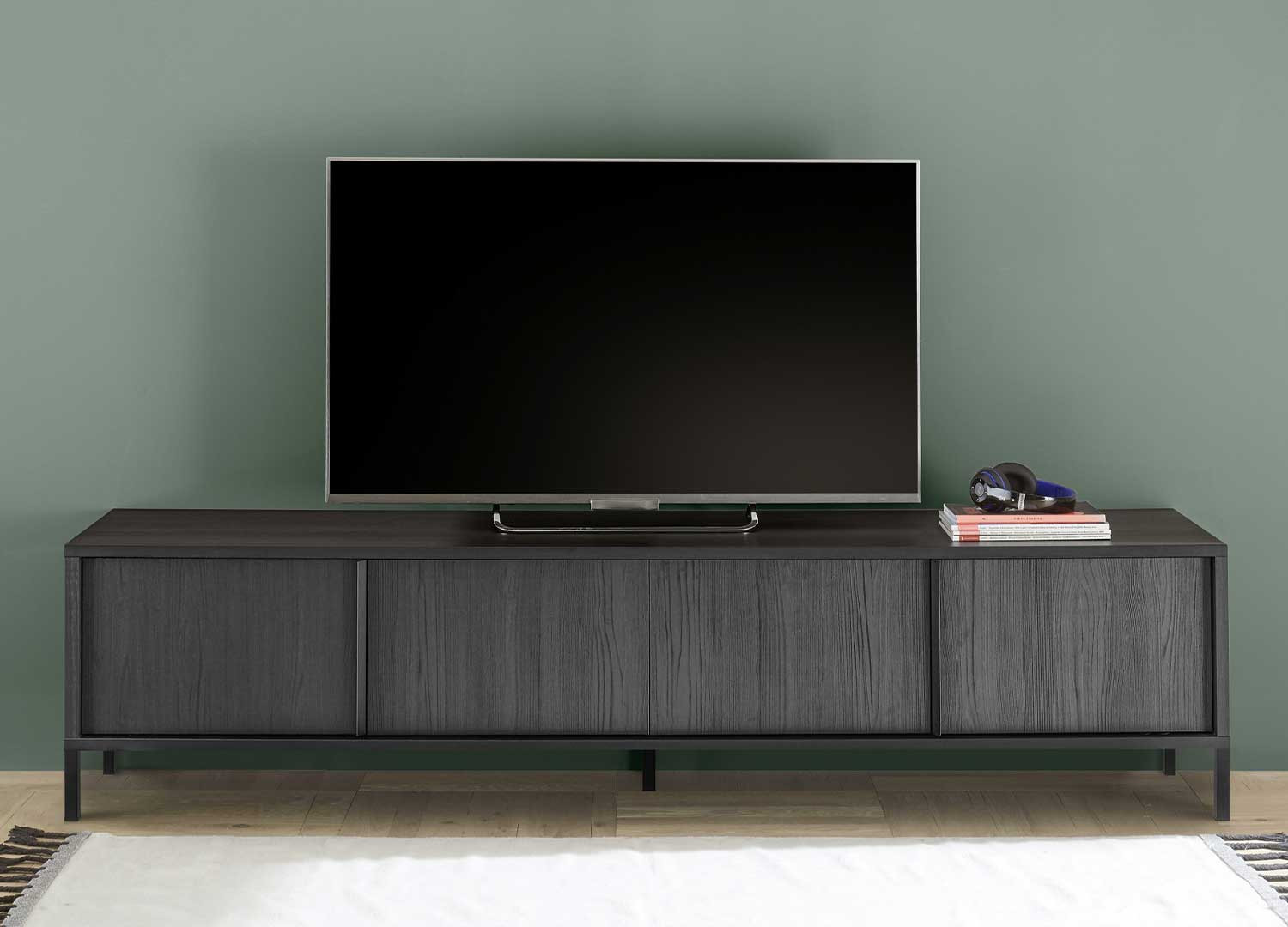Meuble tv moderne 4 portes 206 cm chêne noir