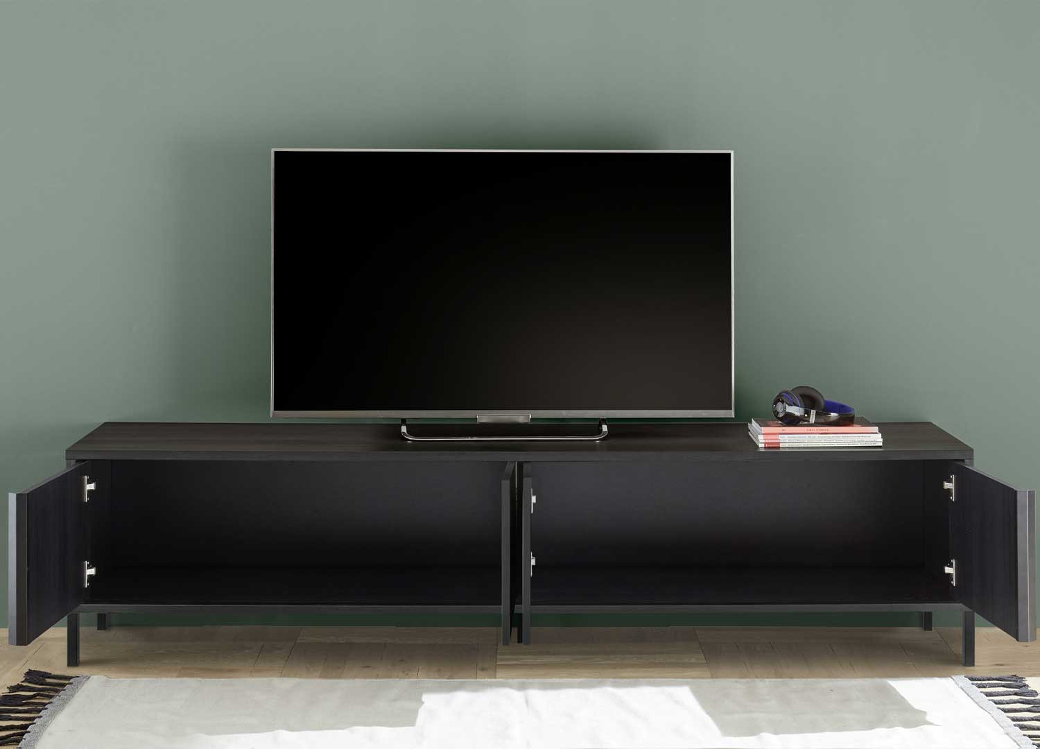 Meuble tv moderne 4 portes 206 cm chêne noir