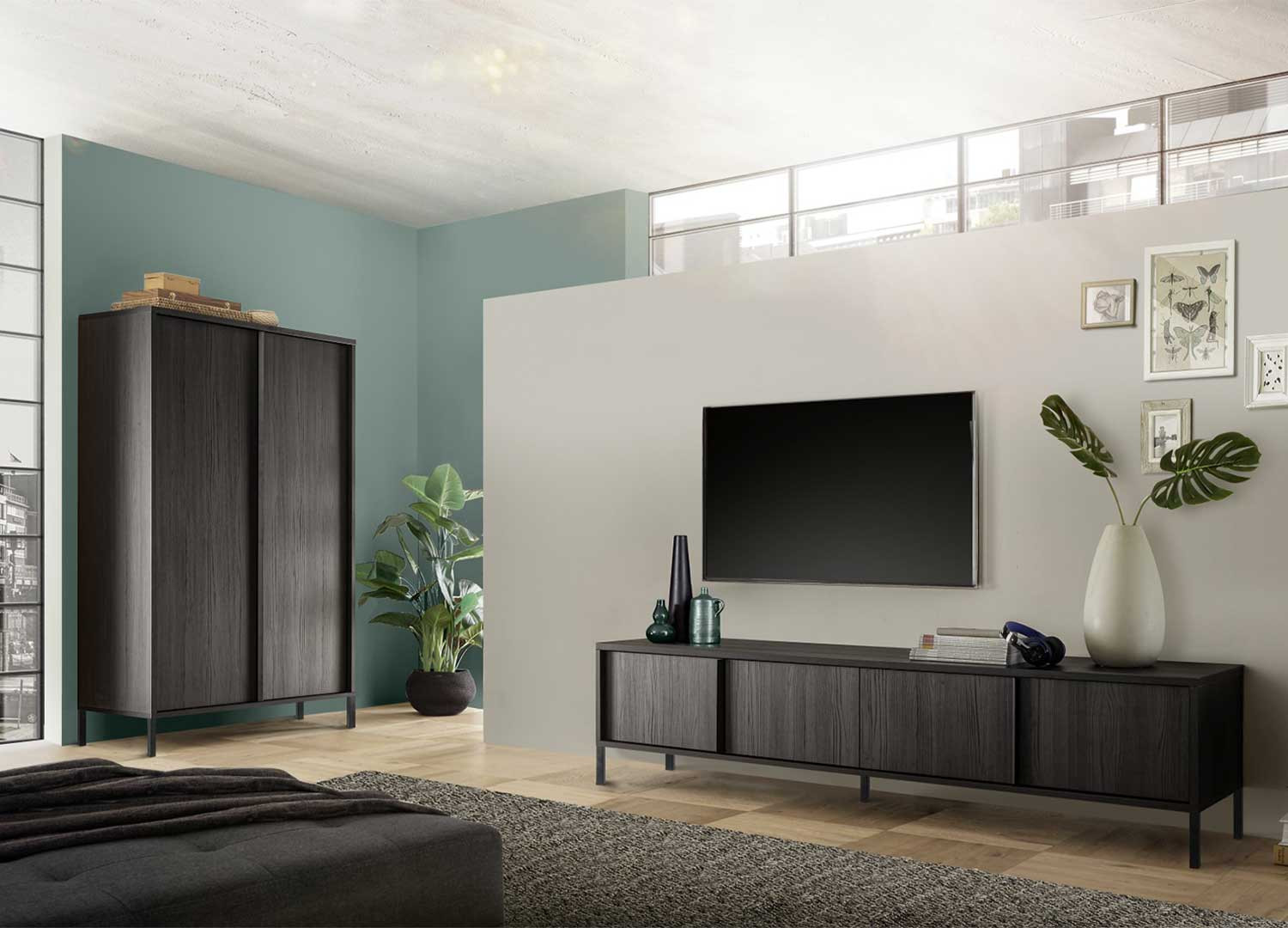 Meuble tv moderne 4 portes 206 cm chêne noir