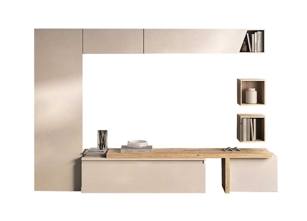 Meuble TV mural 8 éléments chêne cadiz et cachemire Eloa