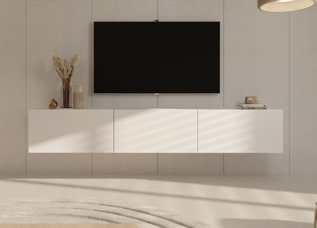 Meuble tv mural blanc 180 cm 3 portes