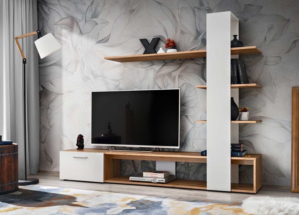 Meuble tv mural blanc et chêne wotan