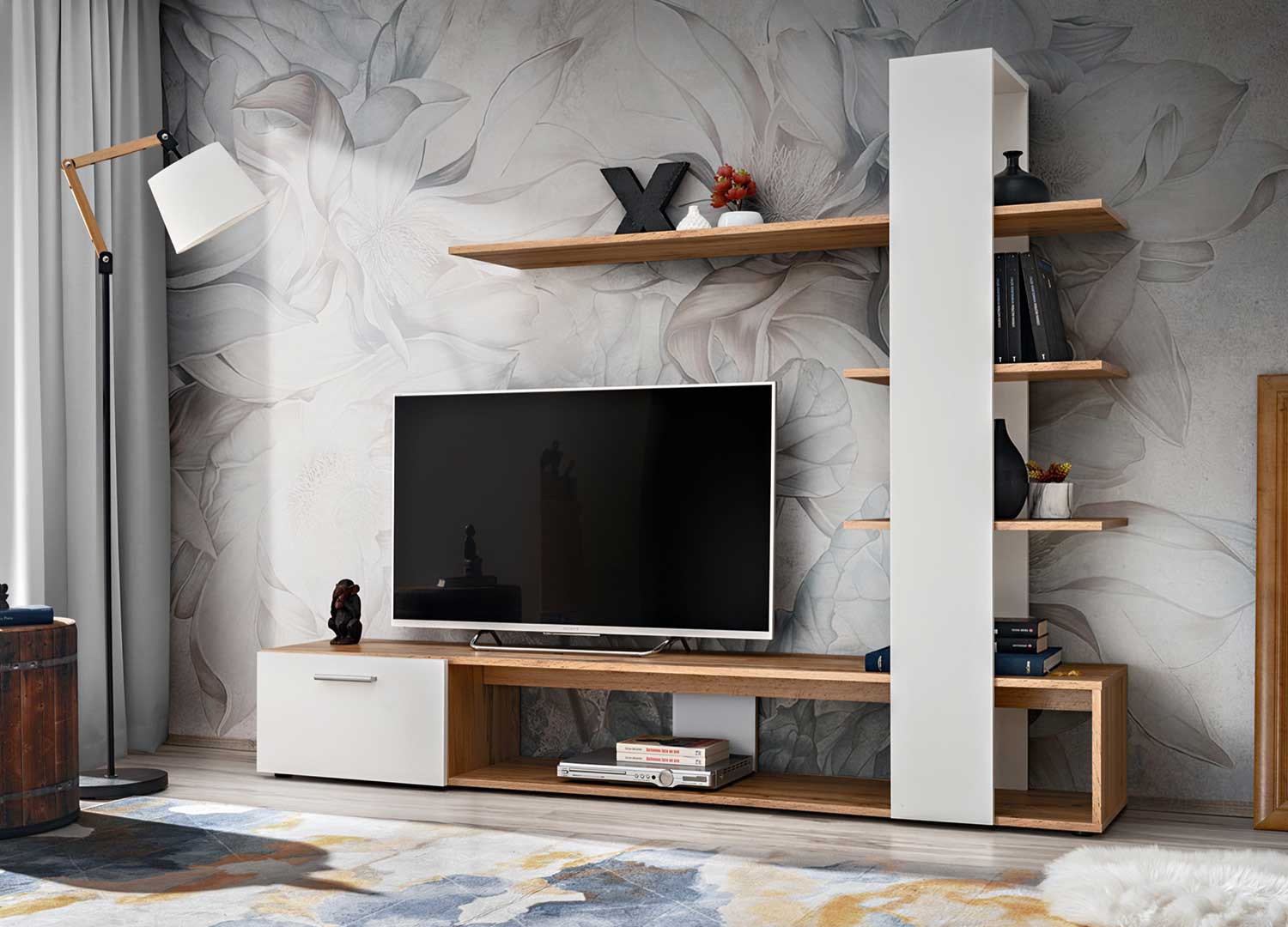 Meuble tv mural blanc et chêne wotan