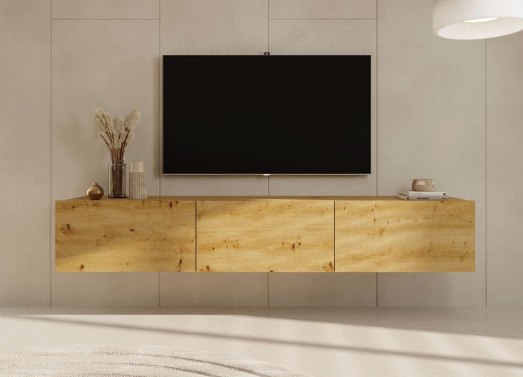 Meuble tv mural chêne artisan 180 cm 3 portes