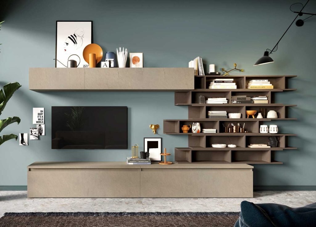 Meuble tv mural design 345 cm avec étagères de rangement