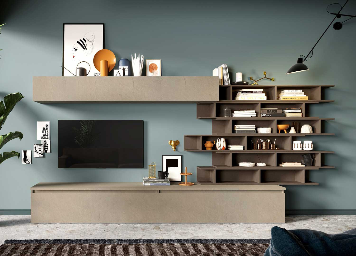 Meuble tv mural design 345 cm avec étagères de rangement