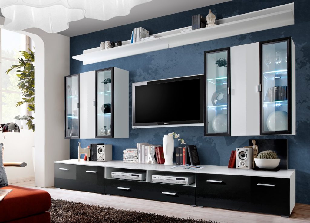 Meuble TV Mural Laqué Blanc et Noir