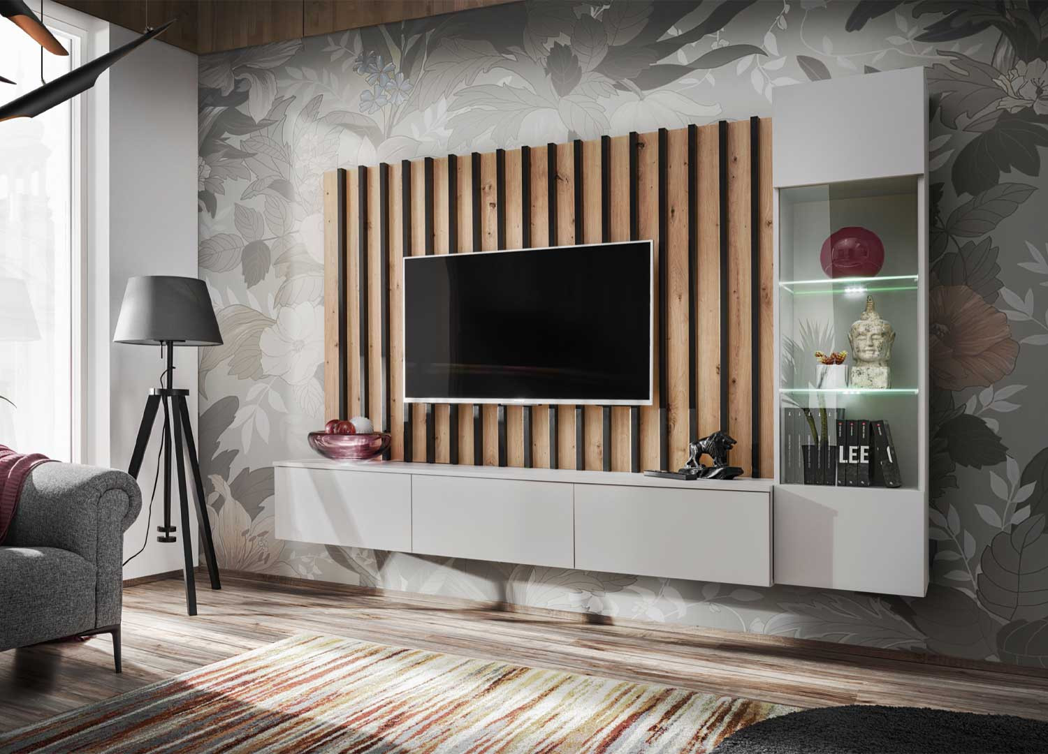 Meuble tv mural moderne avec vitrine suspendue