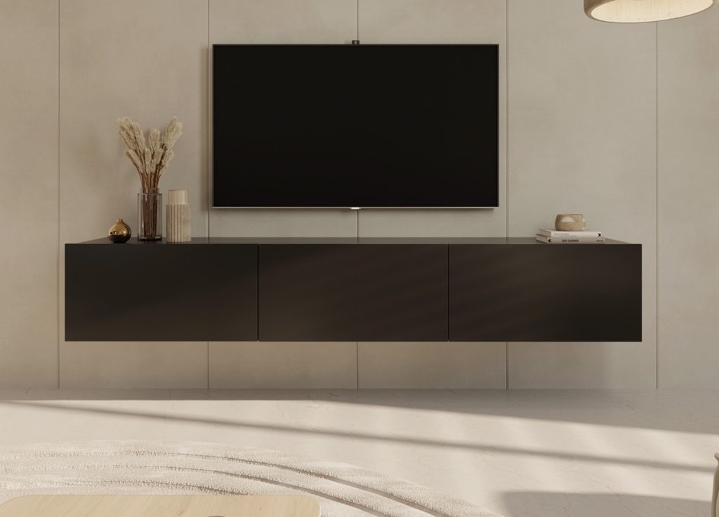 Meuble tv mural noir 180 cm 3 portes
