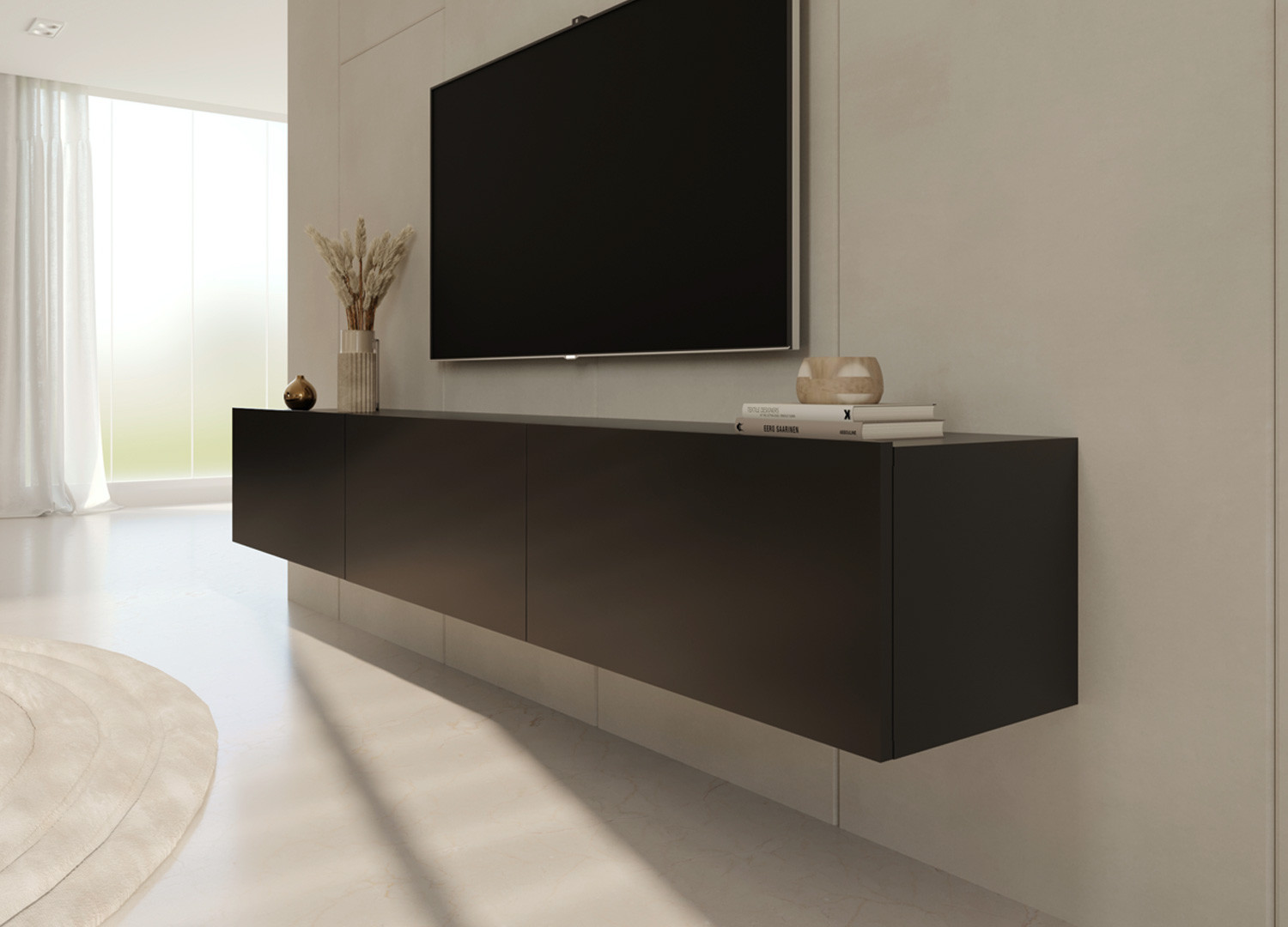 Meuble tv mural noir 180 cm 3 portes