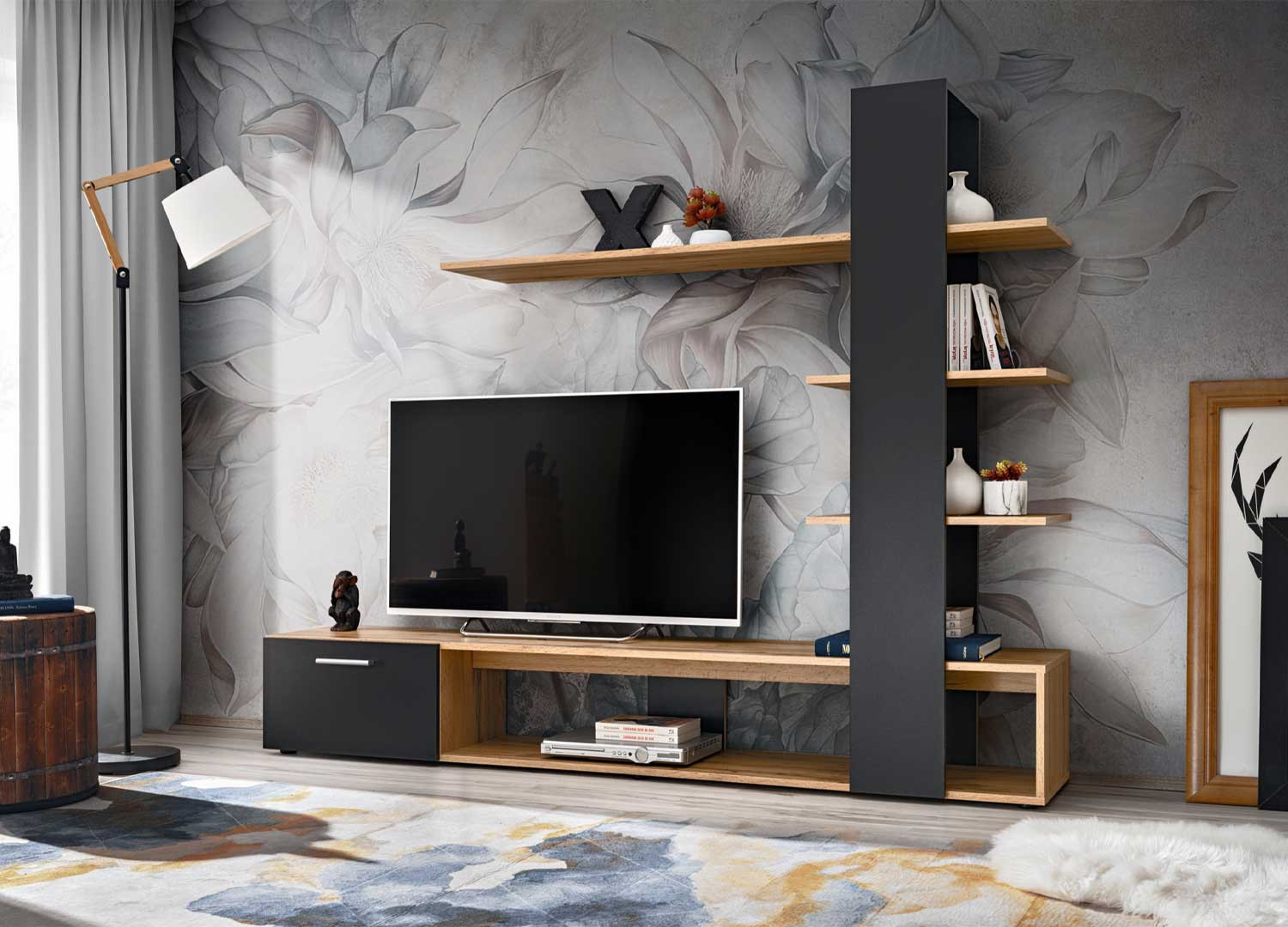 Meuble tv mural noir et chêne wotan