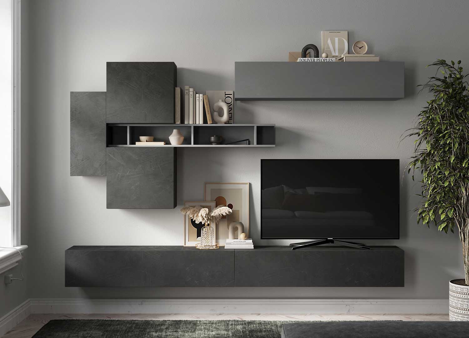 Meuble tv mural suspendu avec meubles muraux 276 cm