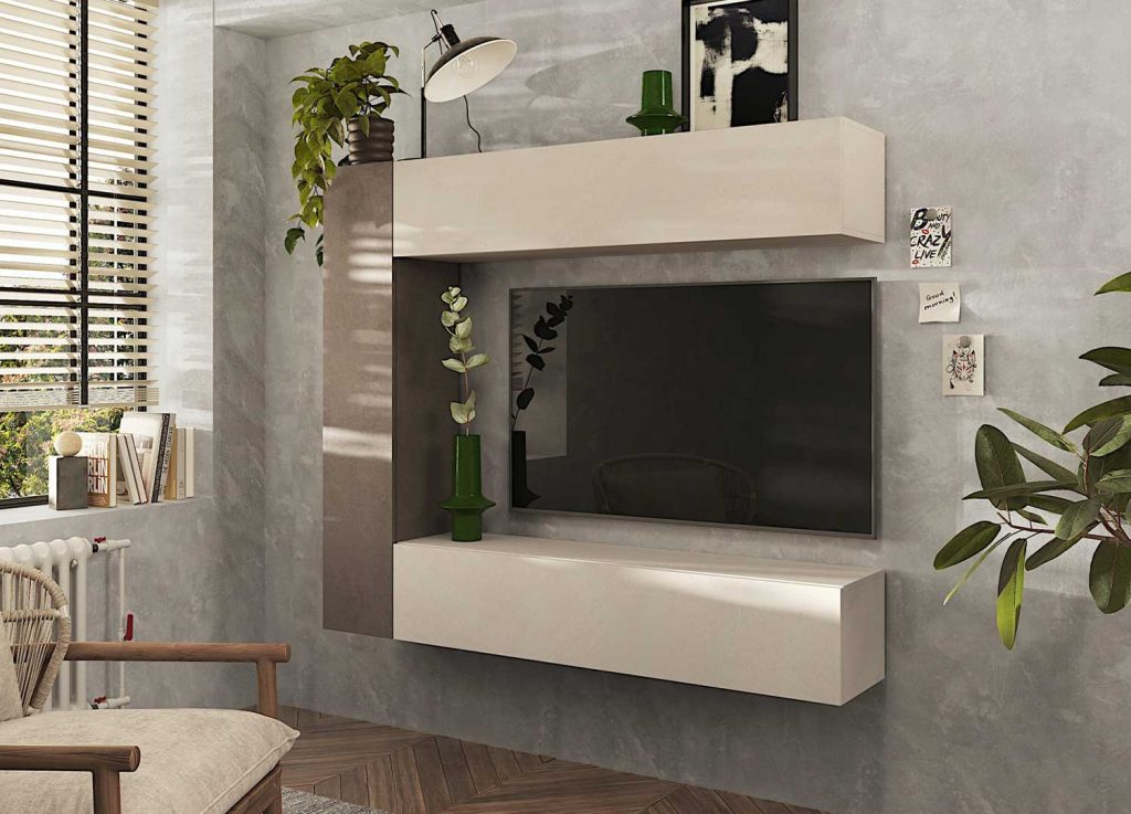 Meuble TV mural suspendu cachemire et bronze Eloa