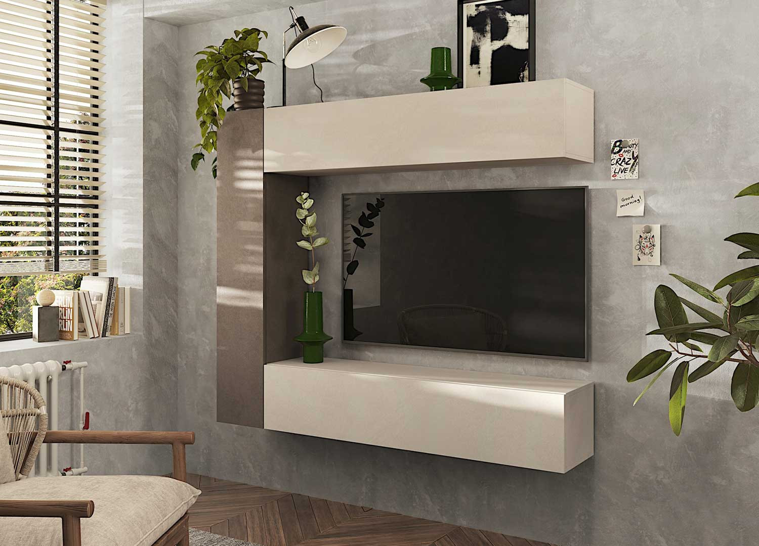 Meuble TV mural suspendu cachemire et bronze Eloa