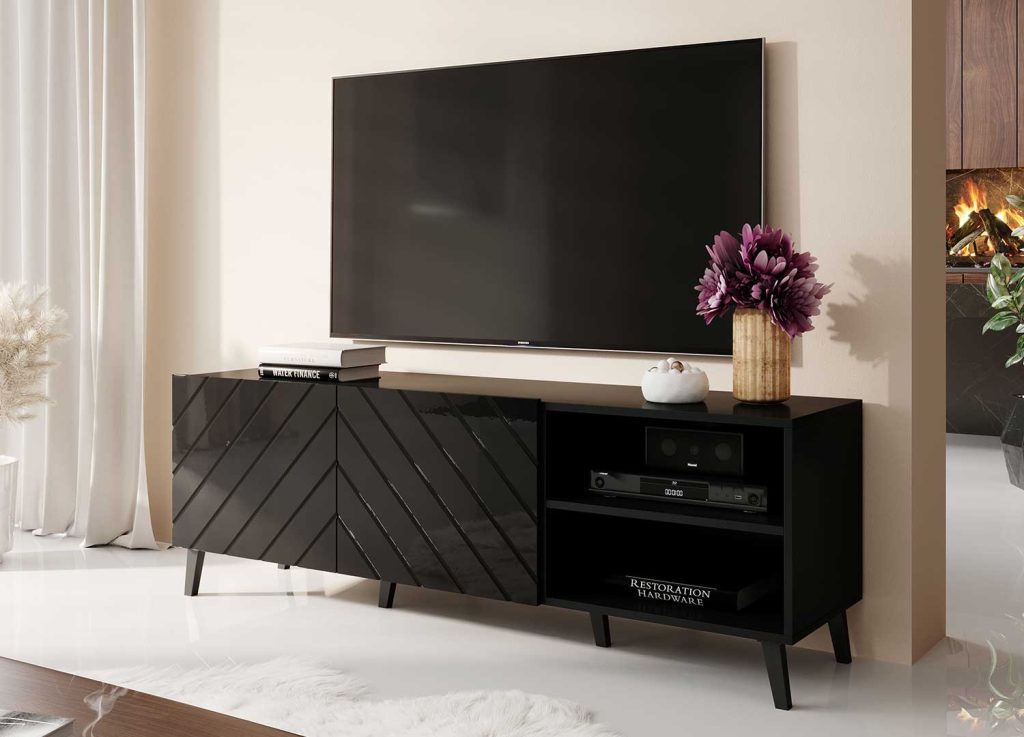 Meuble tv noir brillant 1m50 2 portes et 2 niches