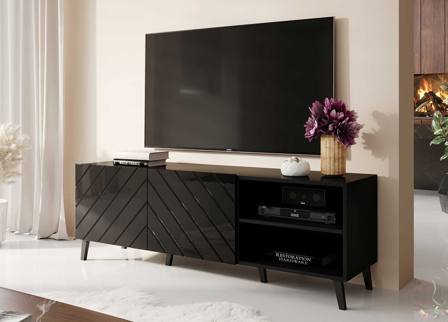 Meuble tv noir brillant 1m50 2 portes et 2 niches
