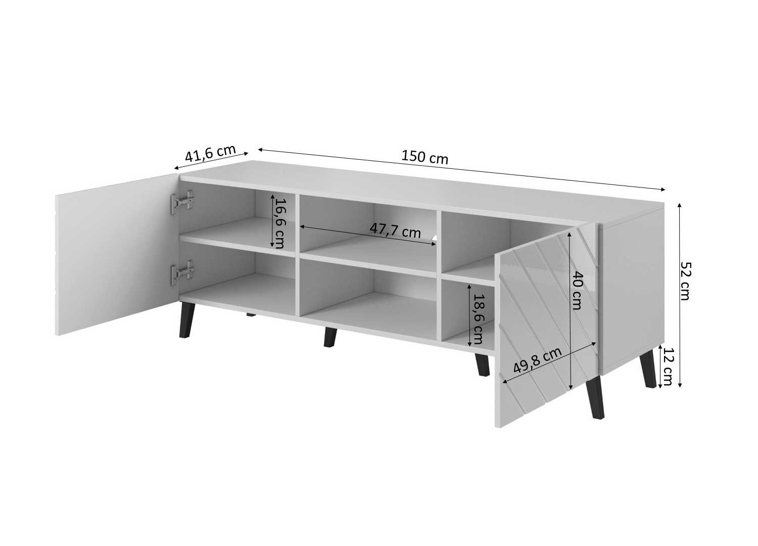 Meuble tv noir brillant 1m50 2 portes et 2 niches
