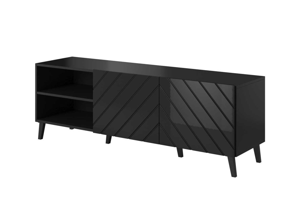 Meuble tv noir brillant 1m50 2 portes et 2 niches
