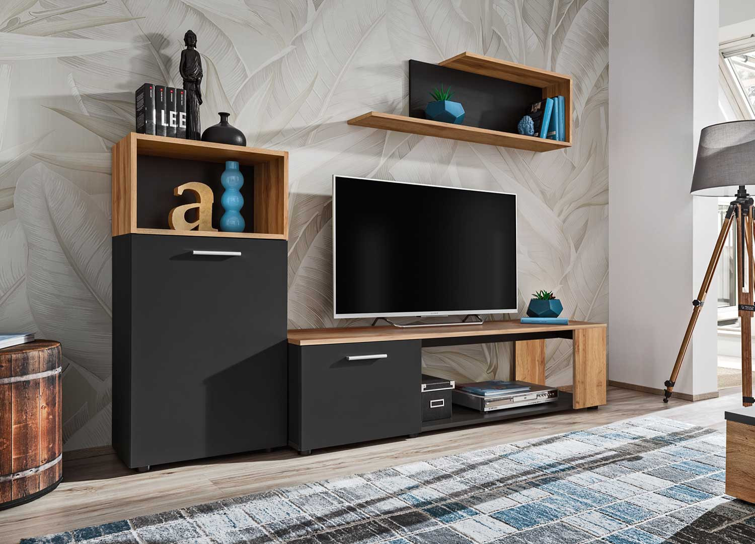 Meuble tv noir et bois 2m avec rangements