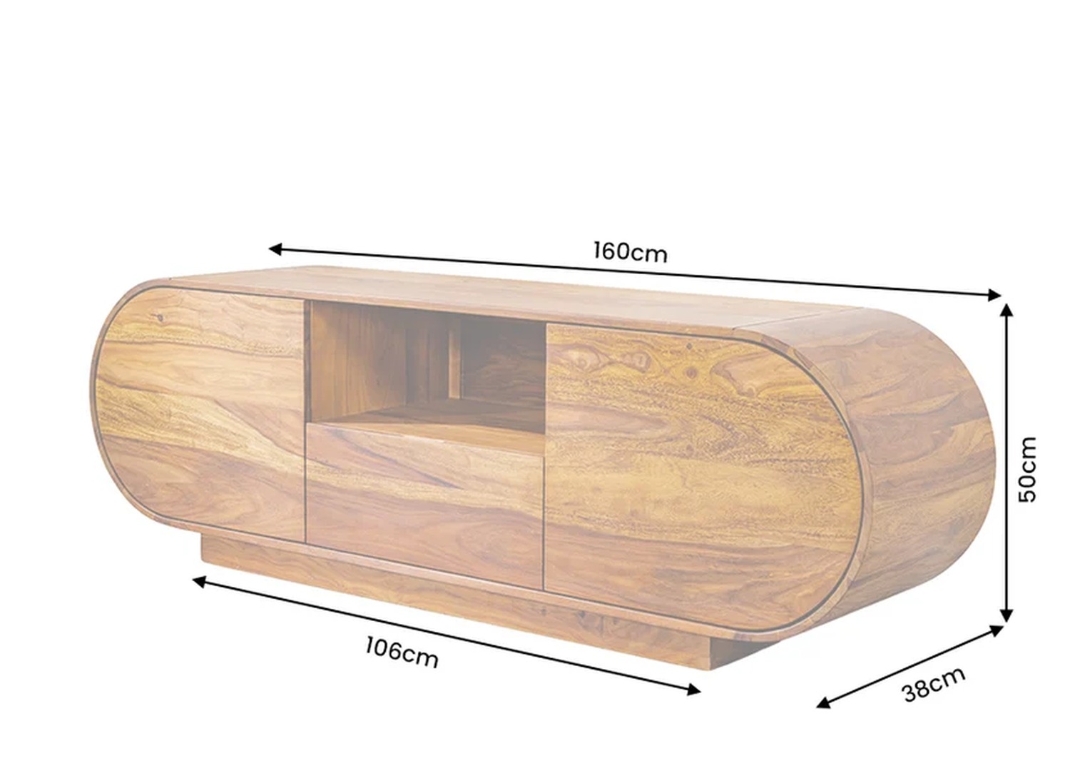 Dimensions du meuble TV Ovélis : 160 cm de large, 50 cm de haut et 38 cm de profondeur