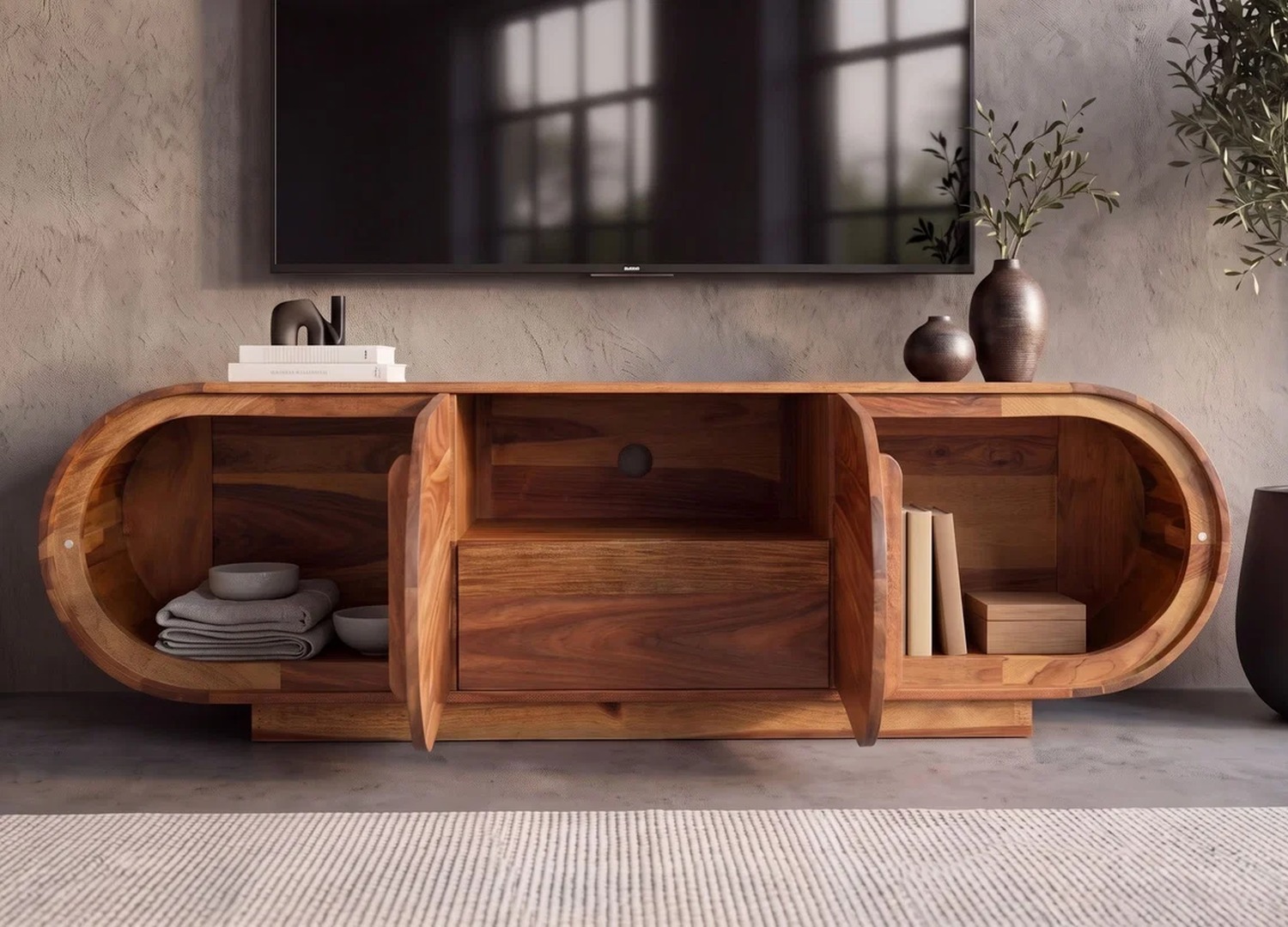 Rangements du meuble TV Ovélis avec portes ouvertes et niche centrale